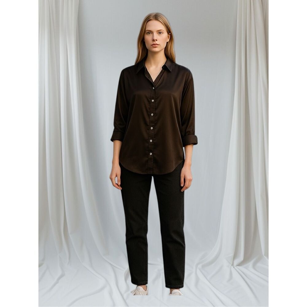 New She & Sky Women's 1XL Chocolate Brown Pearl Button Down Shirt Top High Low